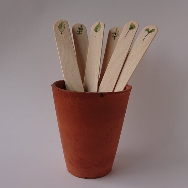 Plant labels, hand painted leaf design on large wooden labels, set of 6