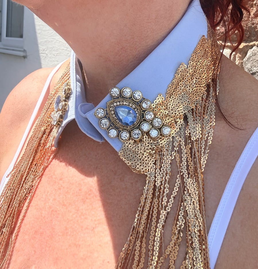 Sky Blue & Gold Vintage Crystal Detachable Collar -Sequinned Festival Accessory 