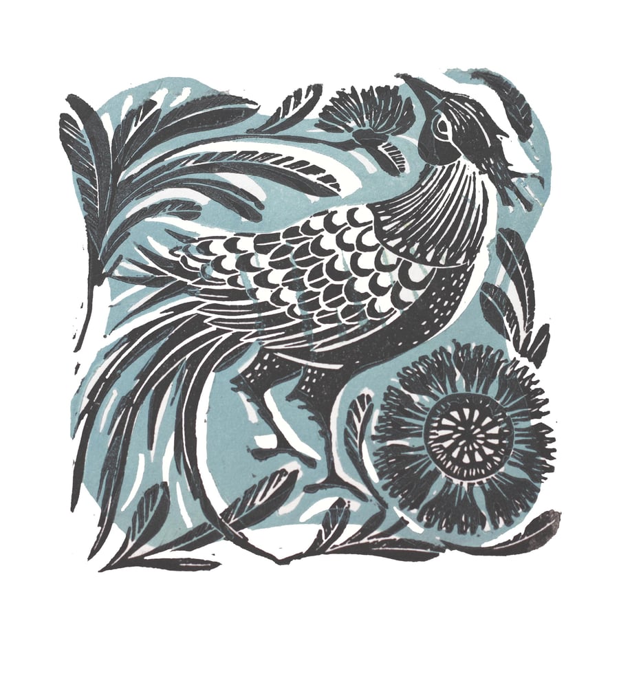  In his finery original linocut print blue