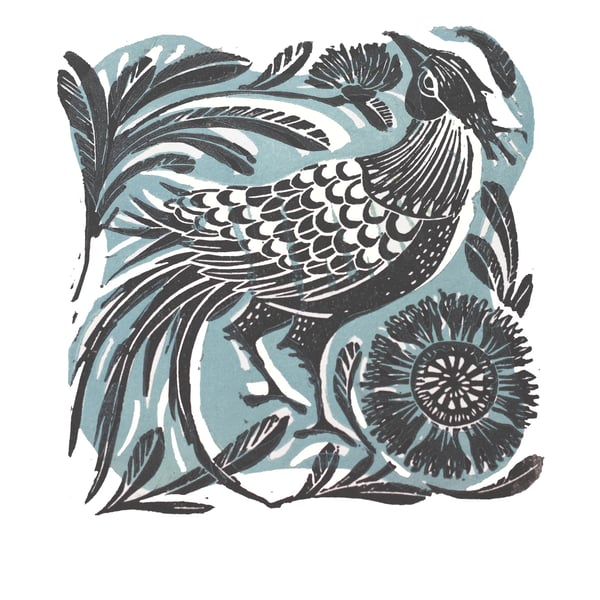  In his finery original linocut print blue