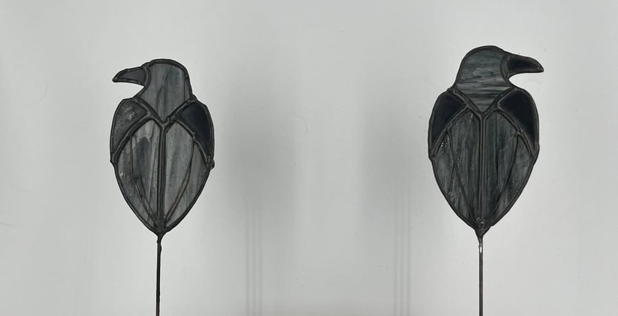 Stained glass raven plant stakes