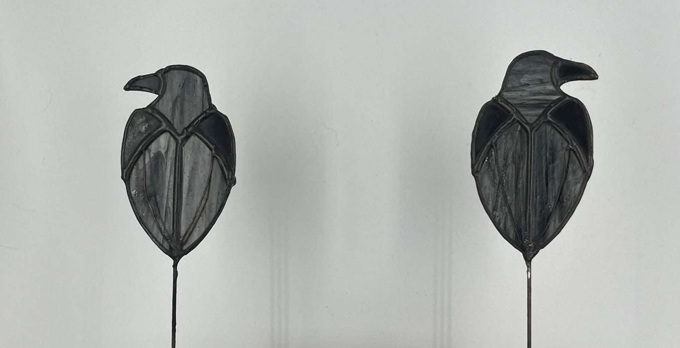 Stained glass raven plant stakes