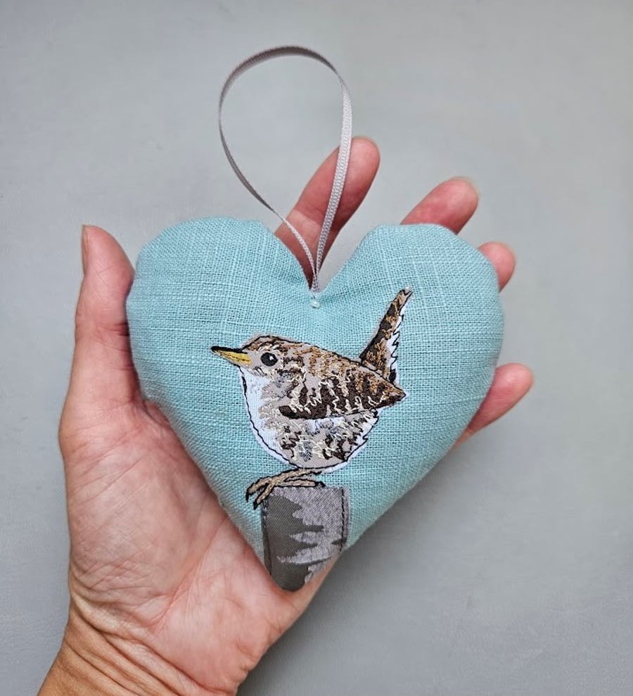 Handmade Wren padded heart, hanging decoration, embroidered garden bird