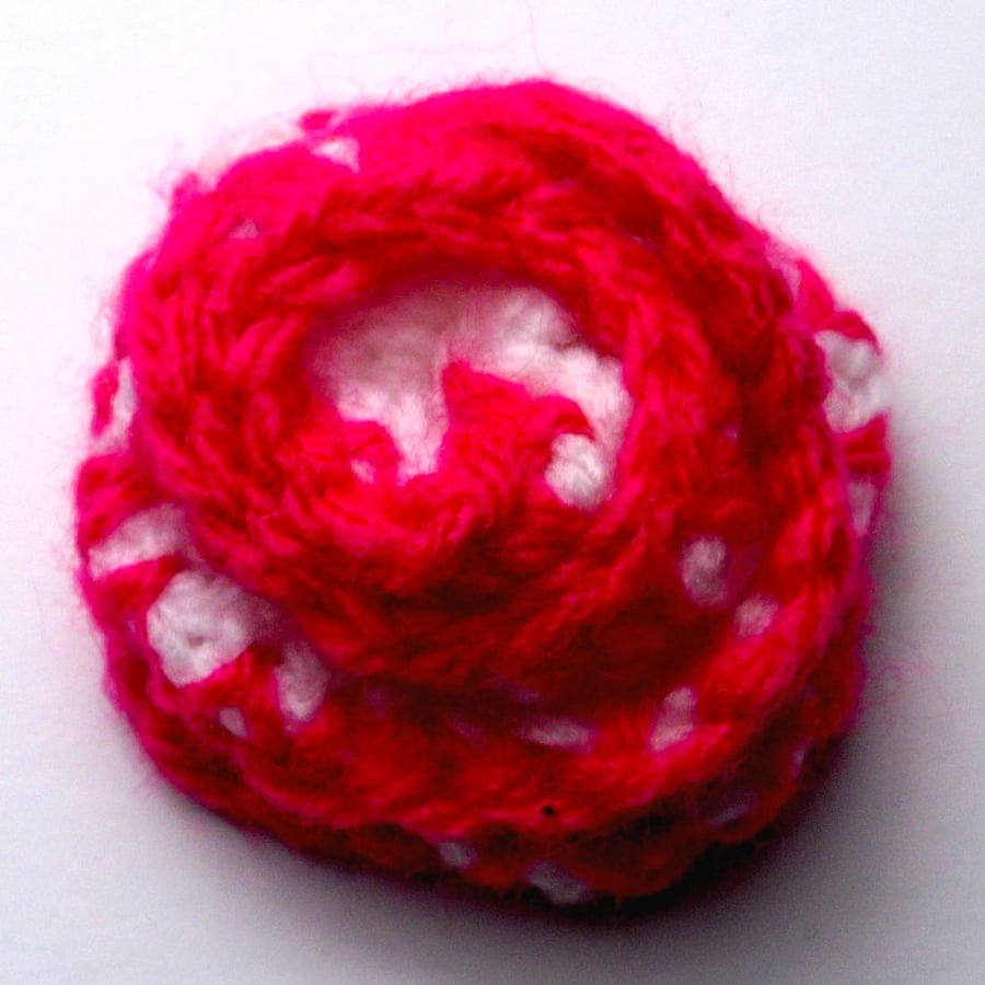 Dark Pink and White Crocheted Flower Brooch
