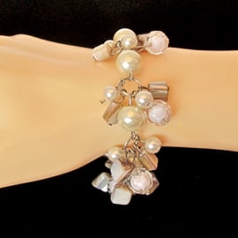 Cream Glass Pearls, Mother of Pearl Nuggets & White Beads Cluster Bracelet