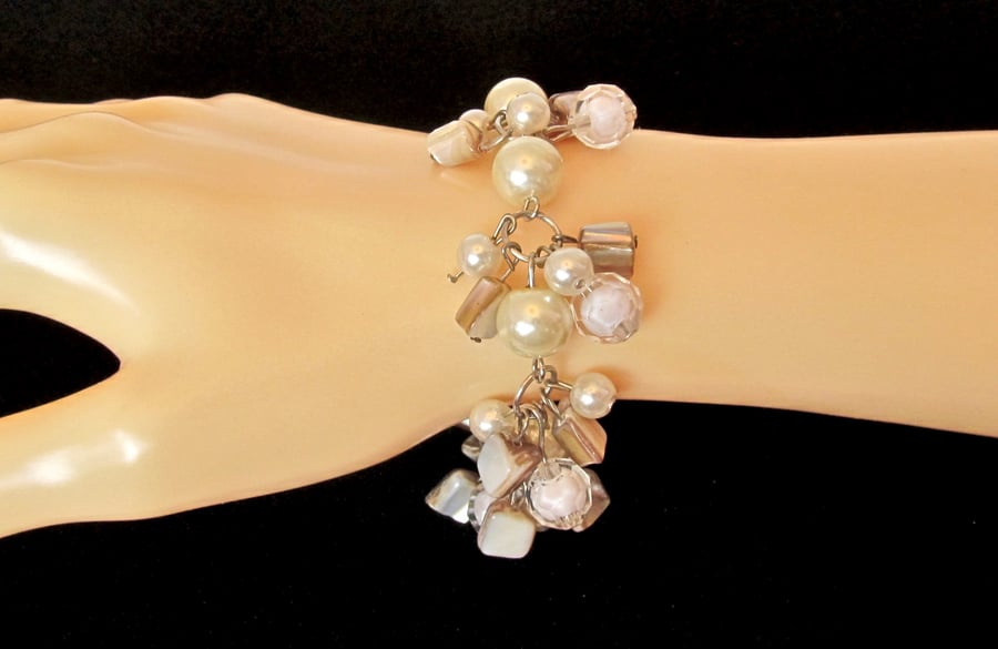 Cream Glass Pearls, Mother of Pearl Nuggets & White Beads Cluster Bracelet