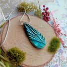 necklace pendant rustic porcelain clay blue green leaves on silver plated chain