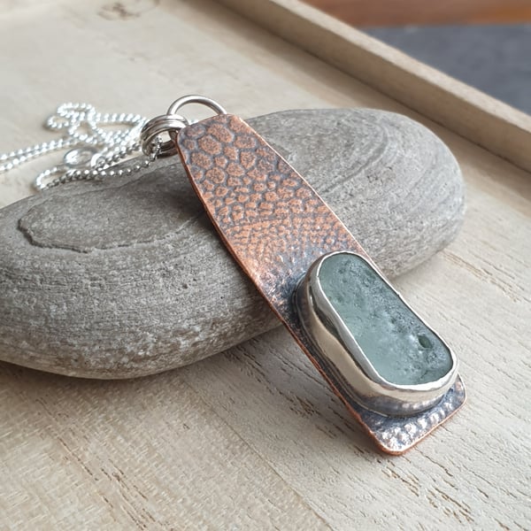 Copper and sea glass necklace, Green seaglass, Long rectangle pendant