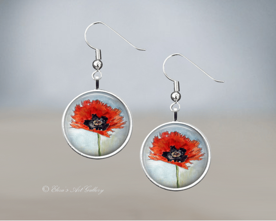 Silver Plated Poppy Flower Art Earrings