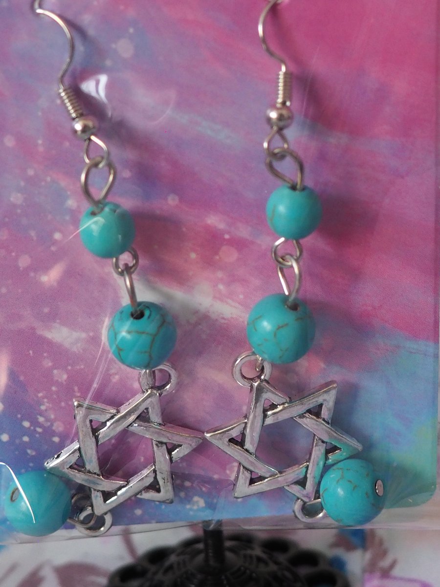 Turquoise Beaded Dangle Earrings With Celtic Knot Star Charms