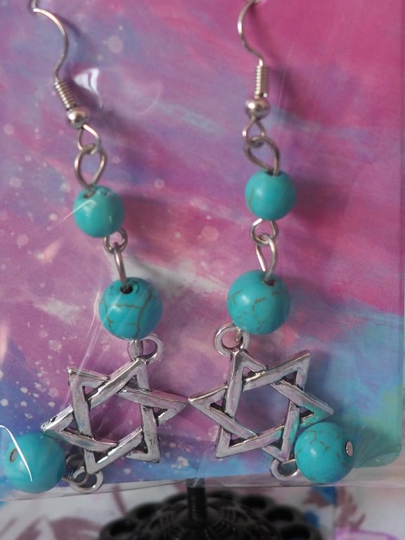 Turquoise Beaded Dangle Earrings With Celtic Knot Star Charms