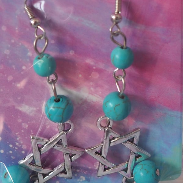 Turquoise Beaded Dangle Earrings With Celtic Knot Star Charms