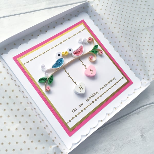 Anniversary Card - quilled love birds - personalised