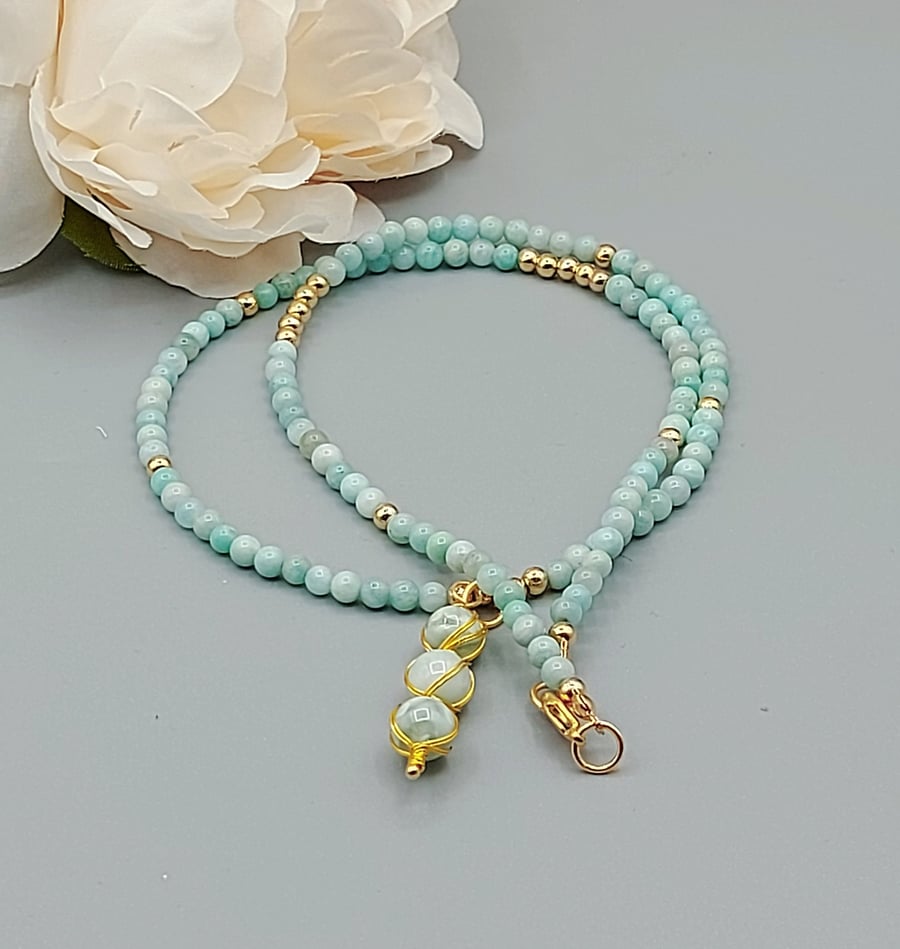 NECKLACE BLUE AND GOLD  PENDANT  NECKLACE DAINTY BEADED NECKLACE