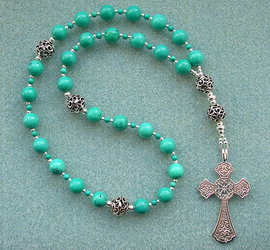 Turquoise Anglican Prayer Beads, Protestant Rosary, Ornate Sterling Silver Cross