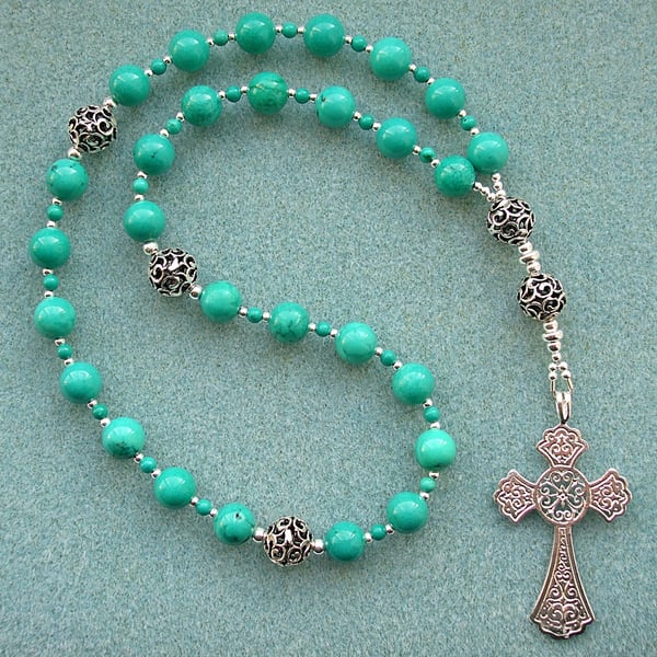 Turquoise Anglican Prayer Beads, Protestant Rosary, Ornate Sterling Silver Cross
