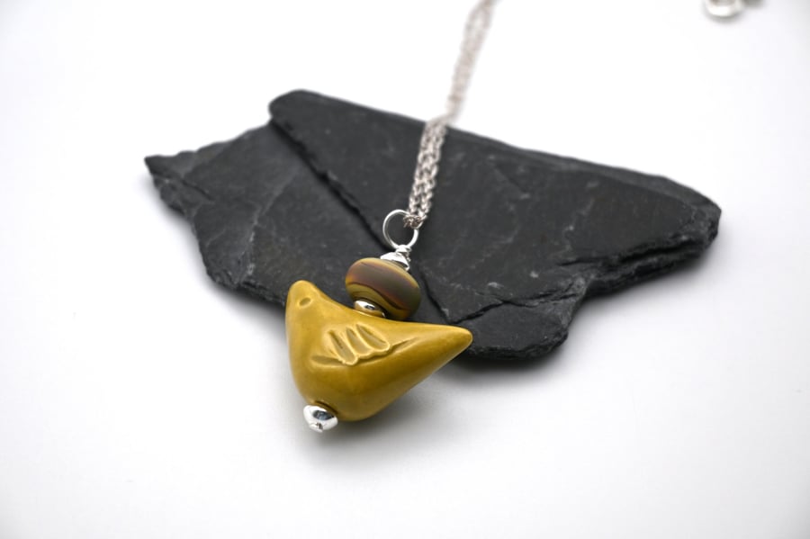 yellow brown ceramic bird pendant necklace
