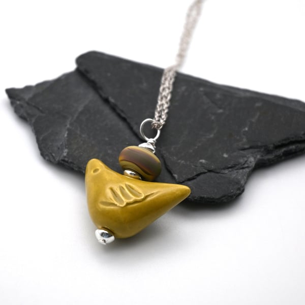 yellow brown ceramic bird pendant necklace