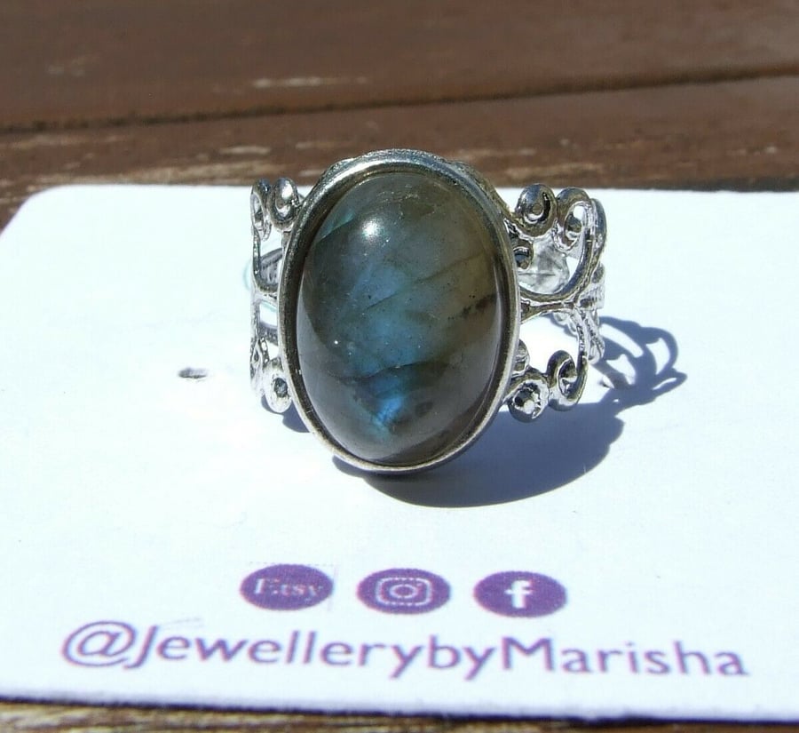 Blue Flash Labradorite Healing Gemstone Adjustable Filigree-Style Ring Size L-T