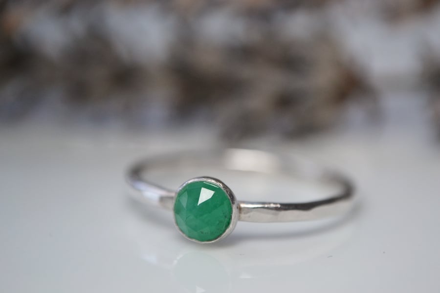 Rose cut Emerald, and sterling silver stacking ring