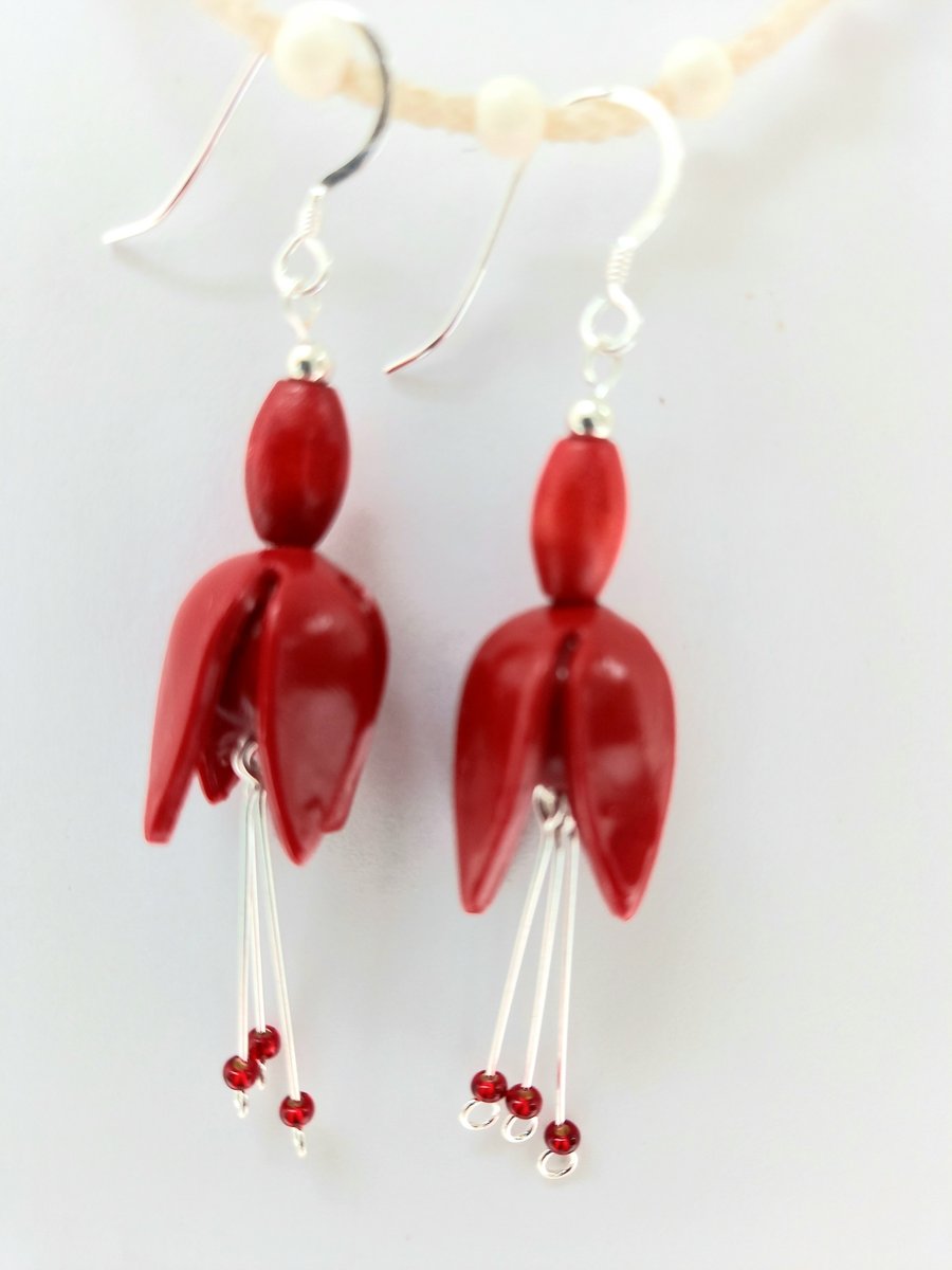Fuchsia flower earring, wooden bead red, custom order for Ann R