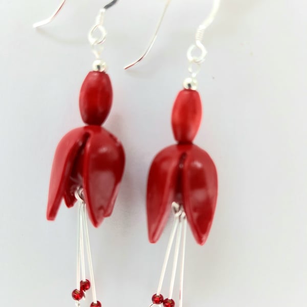 Fuchsia flower earring, wooden bead red, custom order for Ann R