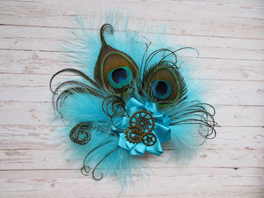 Pale Turquoise Peacock Feather Steampunk Hair Clip Fascinator 