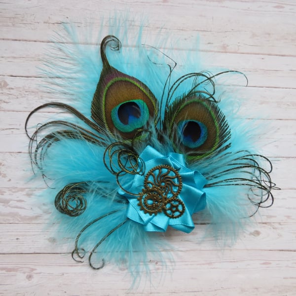 Pale Turquoise Peacock Feather Steampunk Hair C... - Folksy