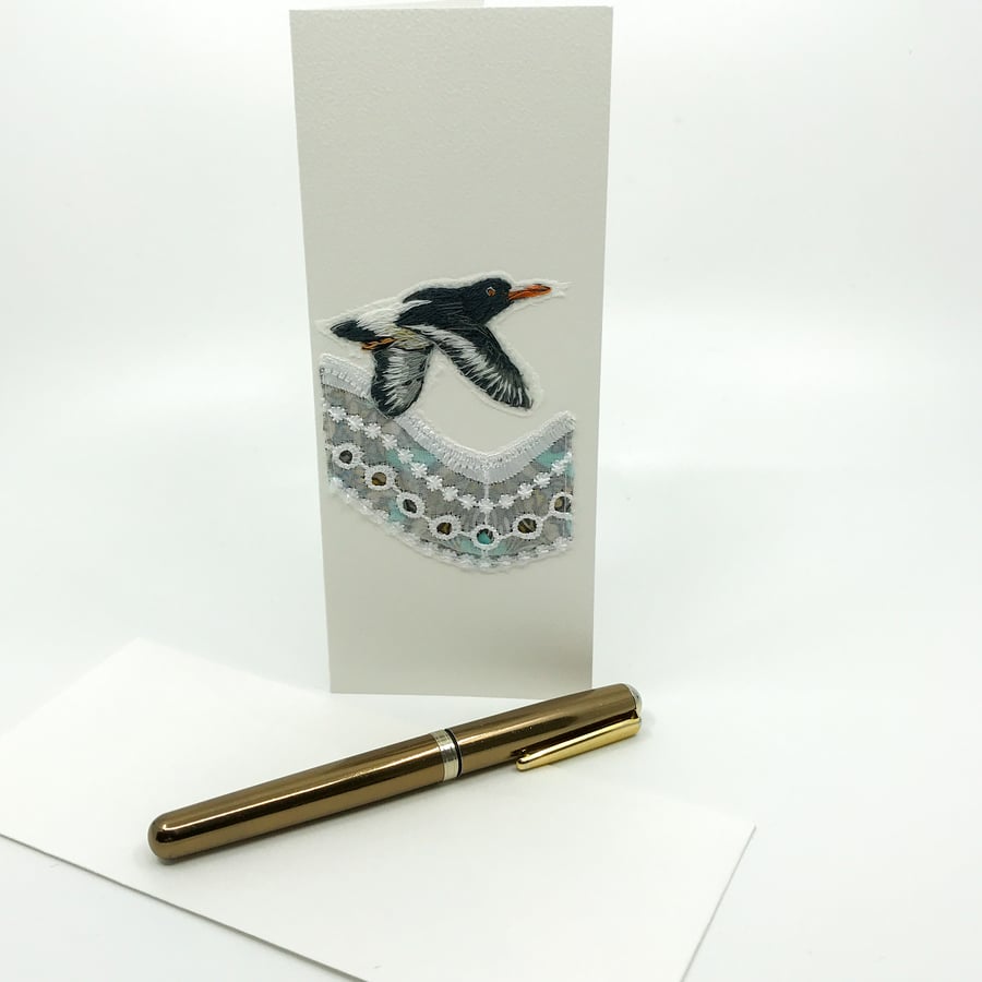 Perfectly Imperfect -Blank greetings card with hand embroidered oystercatcher 