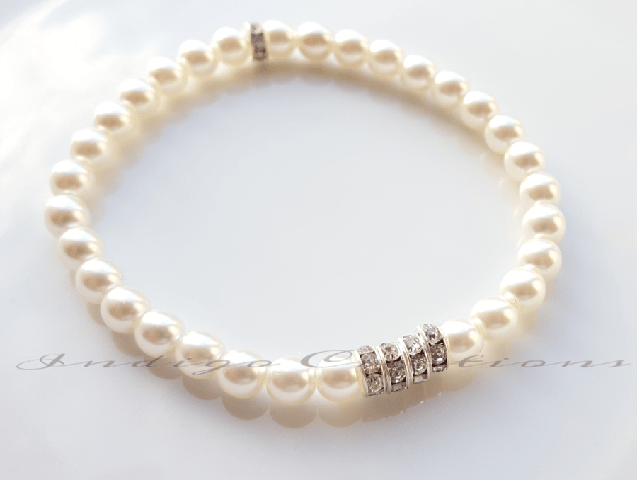 Bracelet Ivory Glass Pearl Silver Plated Crystal Rhinestone Rondelle Bead 