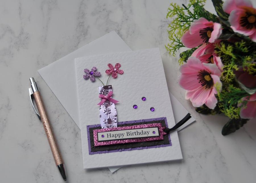 Happy Birthday 3D Card Vase of Flowers Purple Pink Glitter Luxury Handmade 