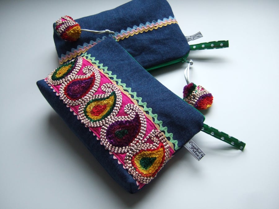 Brightly braided denim toiletries, make up or storage bag