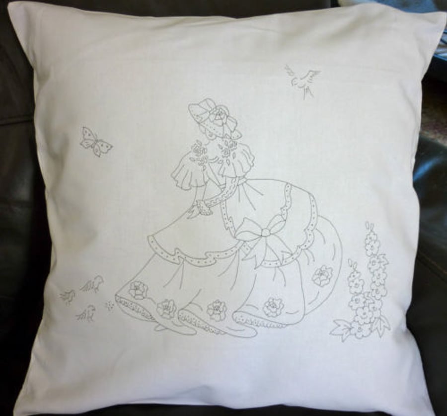 Ready to Embroider, Cushion Cover, with Unique Embroidery Design, Crinoline Lady