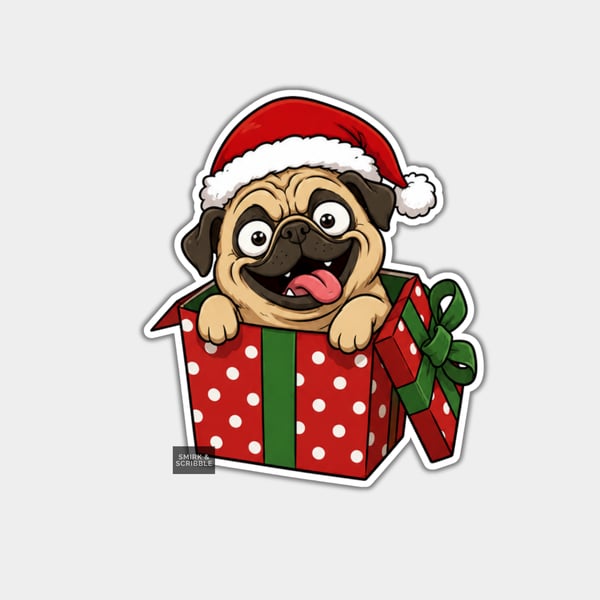 Unique Funny Christmas Sticker Xmas Decal - Cheeky Cute Pug In Present