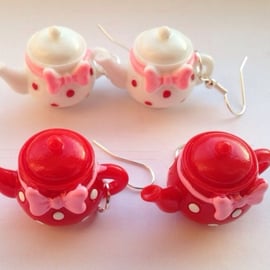 Alice in Wonderland Inspired Polka Dot Tea Pot Dangle Drop Earrings