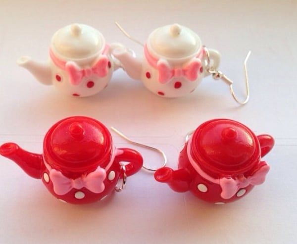 Alice in Wonderland Inspired Polka Dot Tea Pot Dangle Drop Earrings