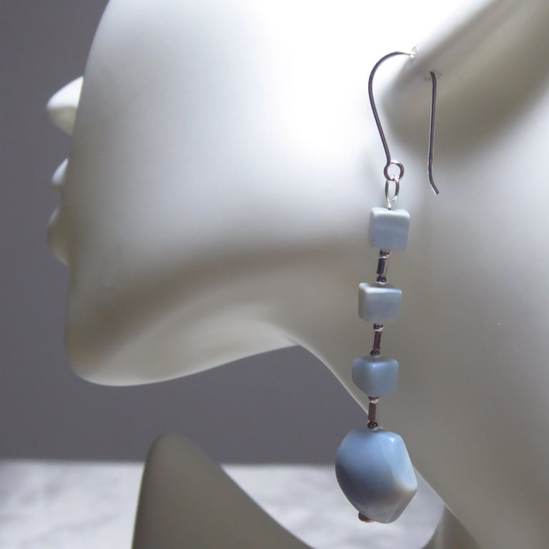 Blue Sky Sterling Silver Earrings featuring Cube and Hexagonal blue Opals