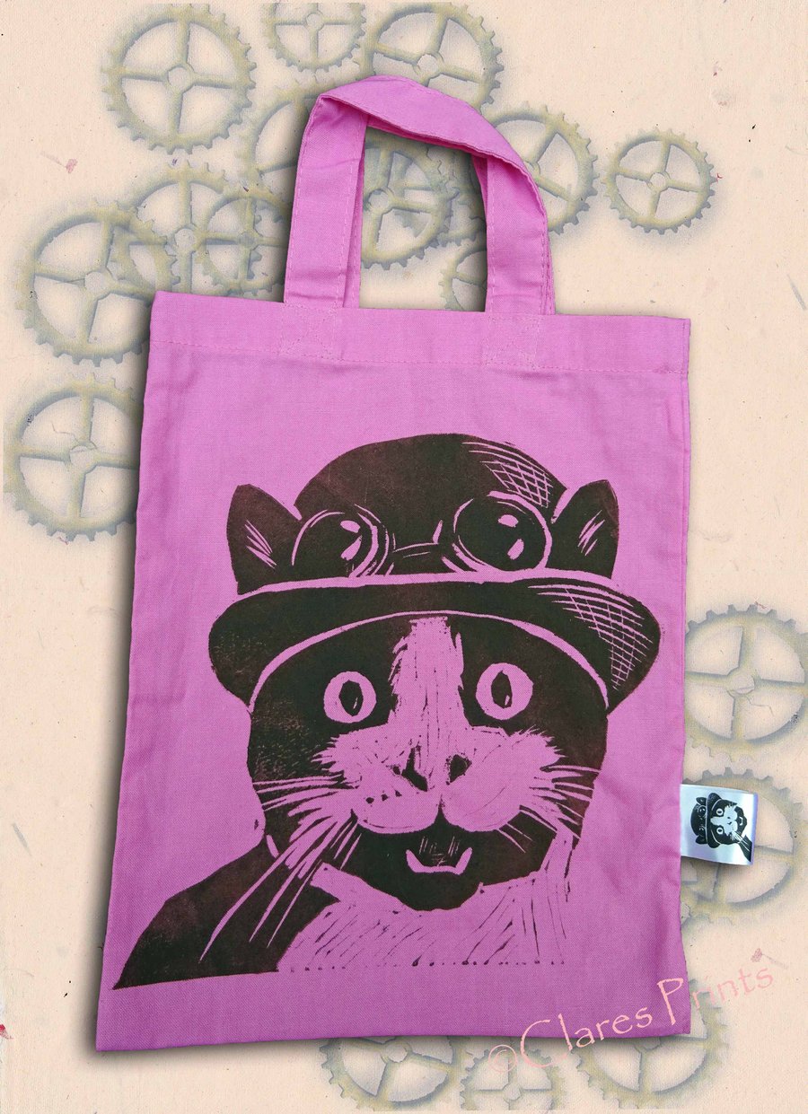 Steampunk Cat Pink Tote Hand Printed Turquoise Mini Tote Shopping Bag