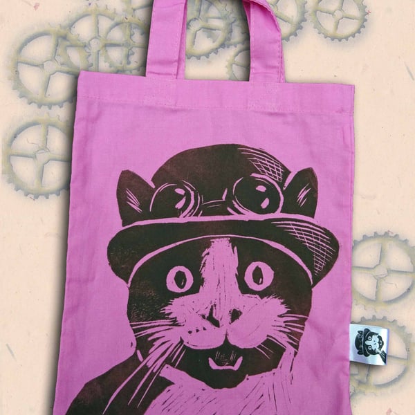Steampunk Cat Pink Tote Hand Printed Turquoise Mini Tote Shopping Bag