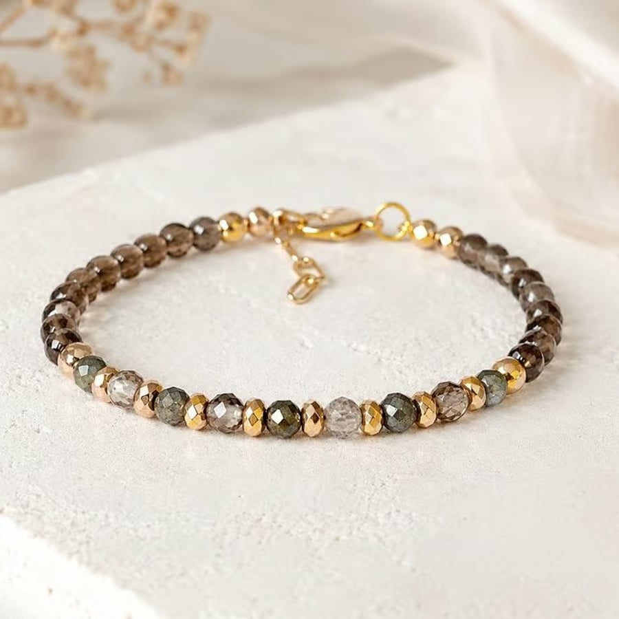 Smoky Quartz Bracelet with Pyrite - Minimalist Gemstone Bracelet - Handmade Gift
