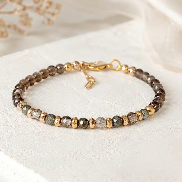 Smoky Quartz Bracelet with Pyrite - Minimalist Gemstone Bracelet - Handmade Gift
