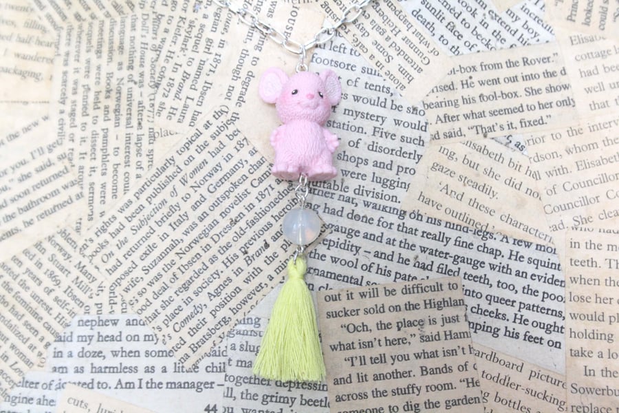 Pink Mouse Yellow Tassel Character Toy Necklace