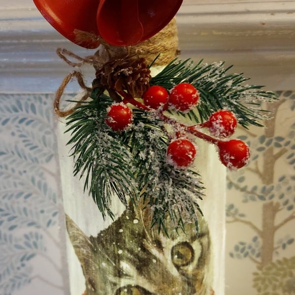 Hand Painted and Decoupaged Light up Kitty Cat with Scarf Bottle