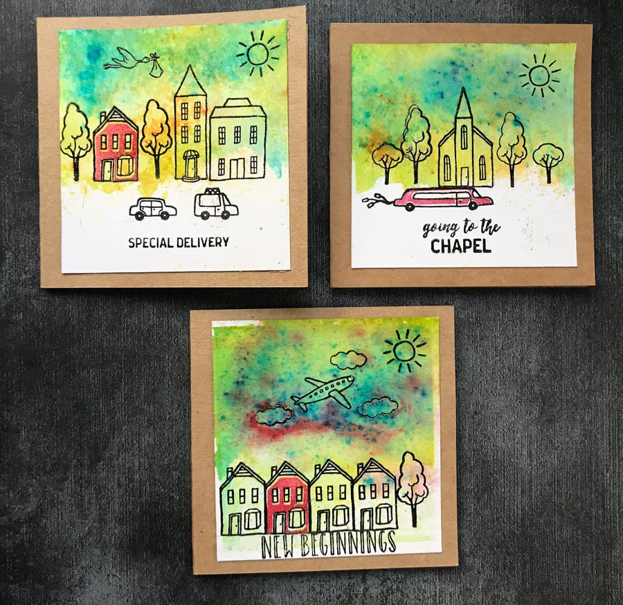 Set of 3 Life Events Brusho Watercoloured Cards