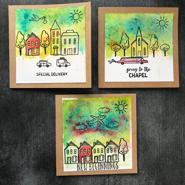 Set of 3 Life Events Brusho Watercoloured Cards