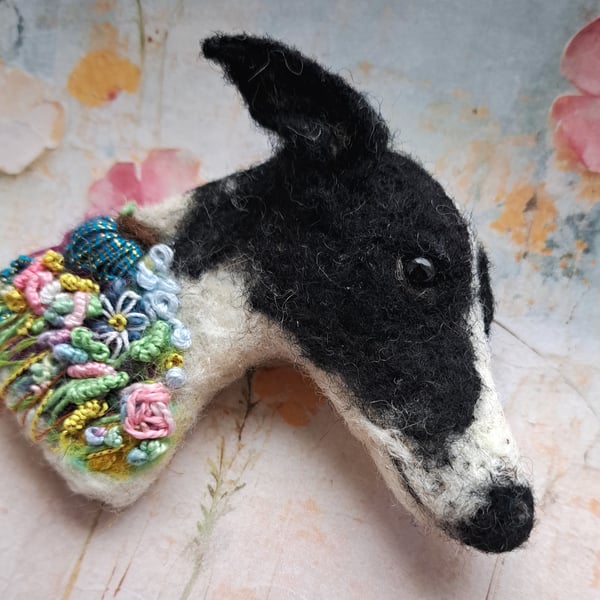 Needle Felted Greyhound Brooch