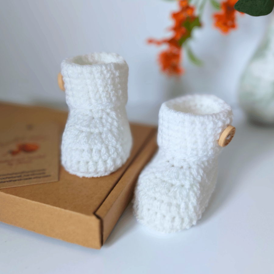Handmade Crochet Baby Booties – Newborn Gift in White