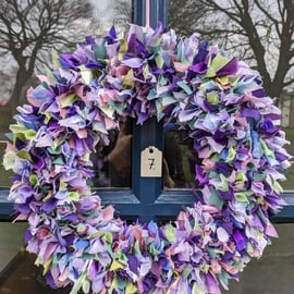 Handmade Upcycled eco Wreath lavender colours ribbons texture