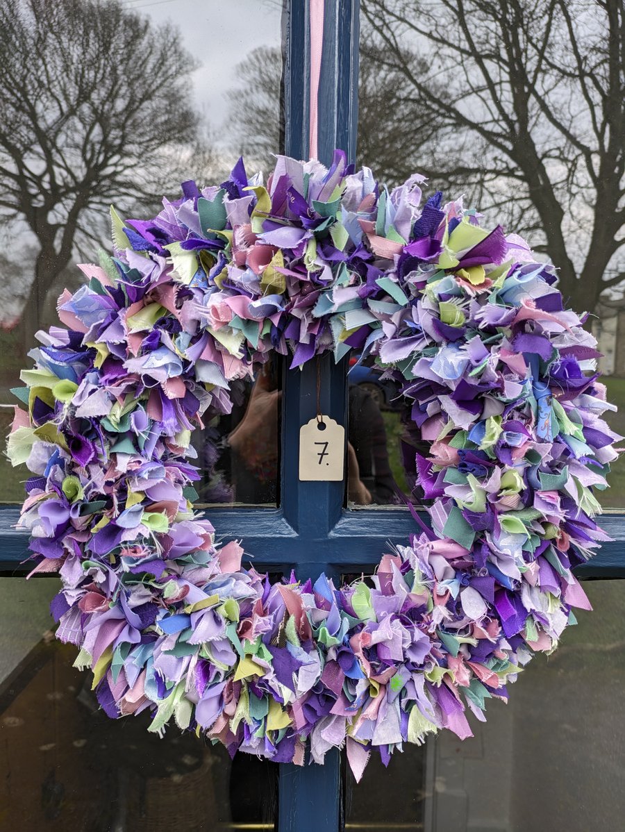 Handmade Upcycled eco Wreath lavender colours ribbons texture