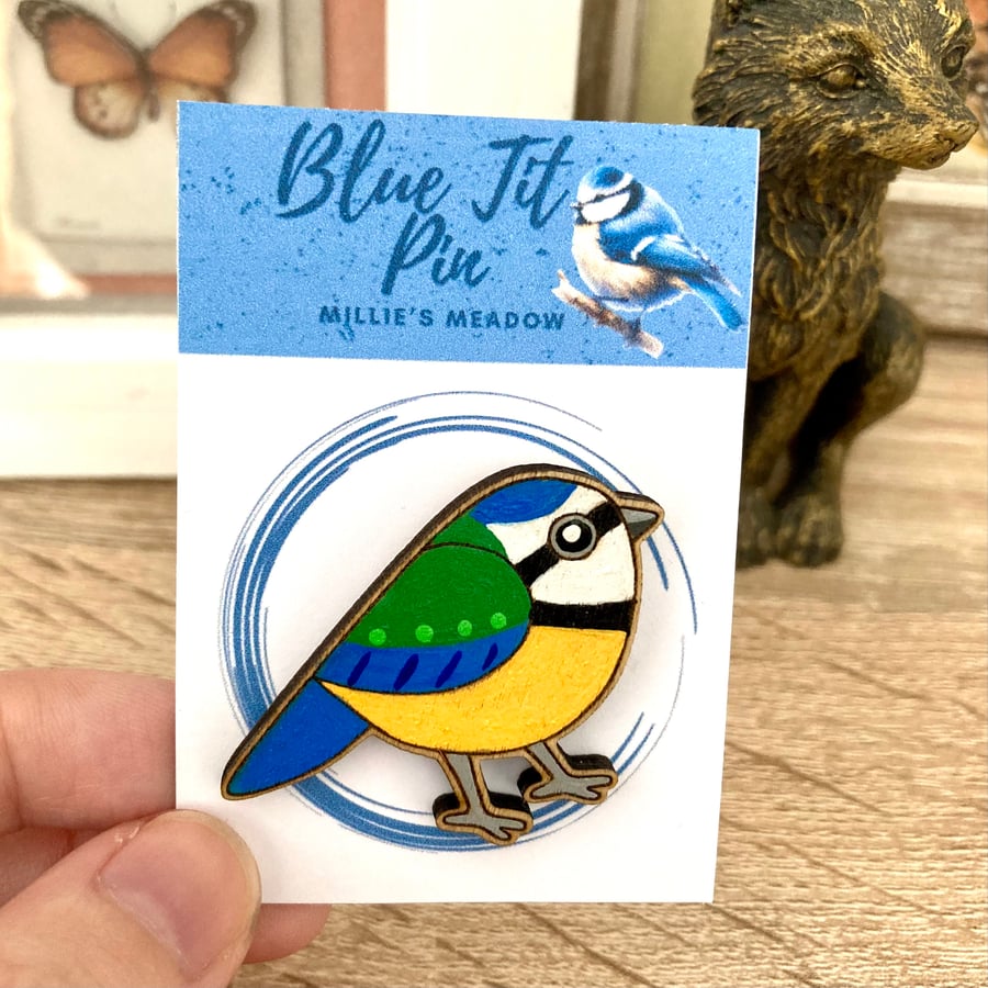 Blue tit pin badge brooch